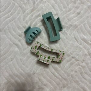 Set of Three Hair Clips in Green and Christmas